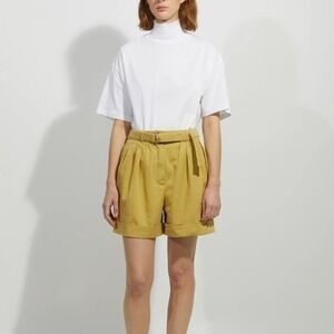 Acne Studios Rowanne Yellow Pleated Cuffed Hem High Waisted Belted Cotton Shorts